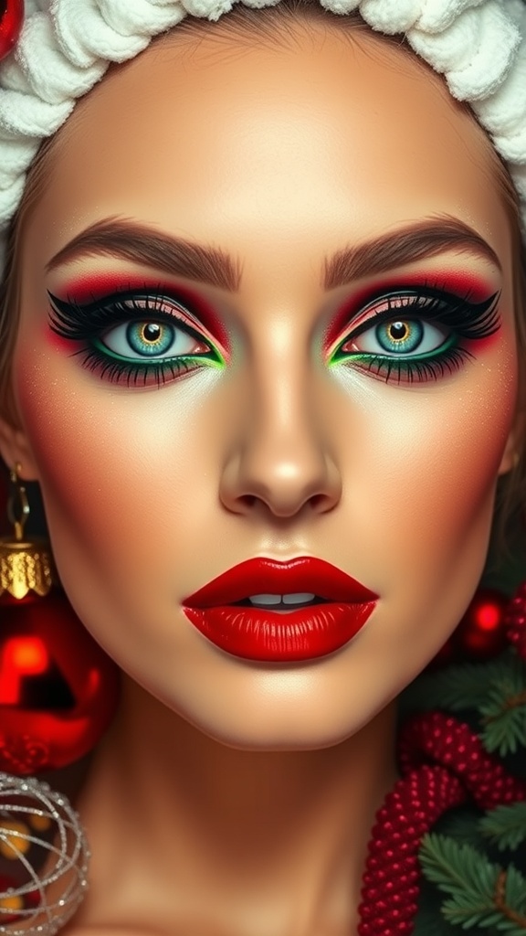 Festive Christmas Makeup Art A festive Christmas makeup look with red and green eyeshadow, glitter, and red lips against a holiday-themed backdrop.